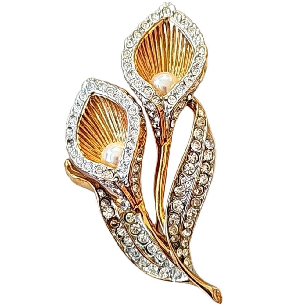 Goldtone Floral Brooch Pin with Rhinestones and Faux Pearls Lily 2.75"L x 1.5"W